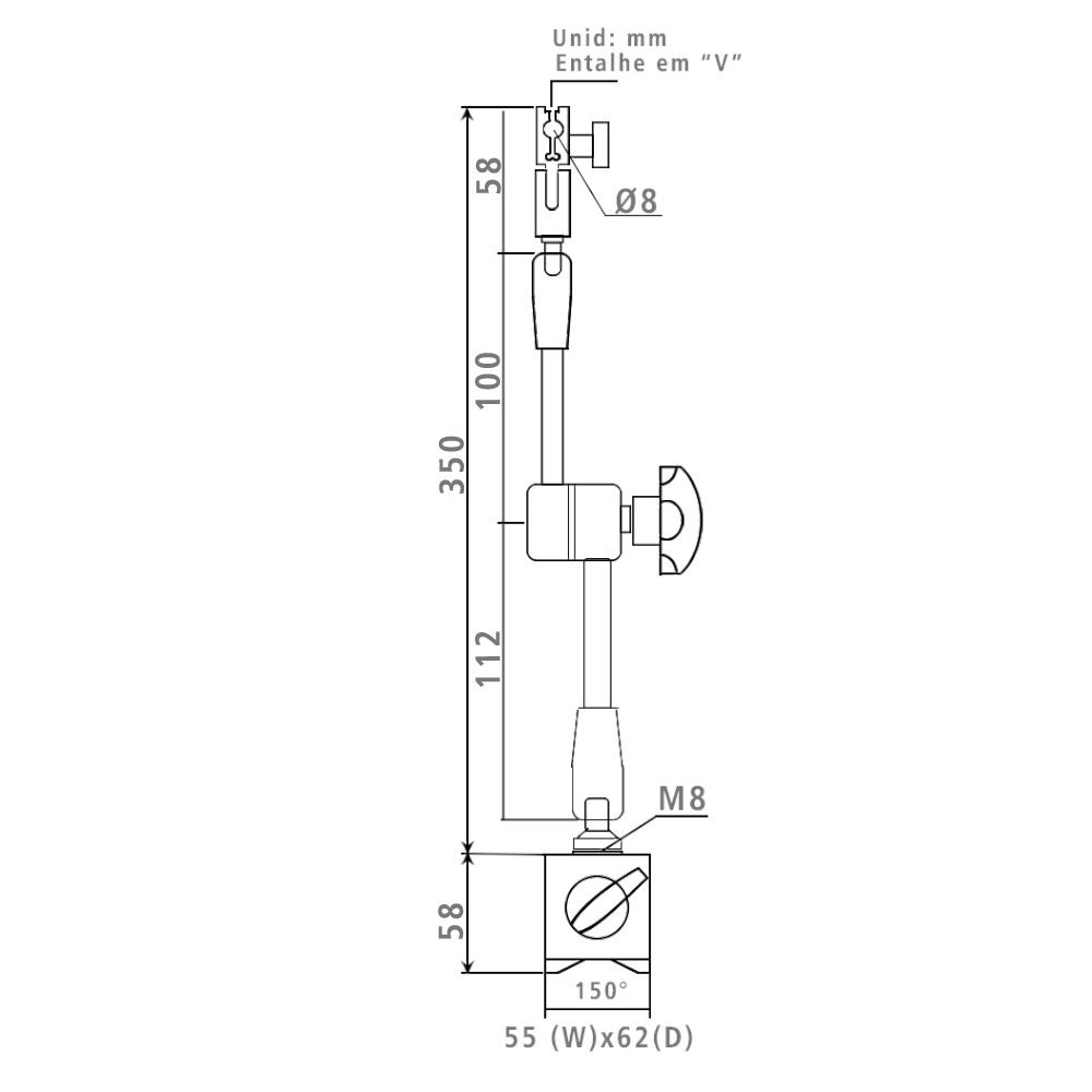 Desenho técnico — Base Magnética Articulada BT Fixo WCE-D com Ajuste Fino 60 kg