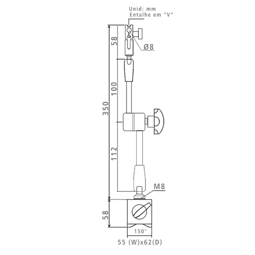 Desenho técnico — Base Magnética Articulada BT Fixo WCE-D com Ajuste Fino 60 kg