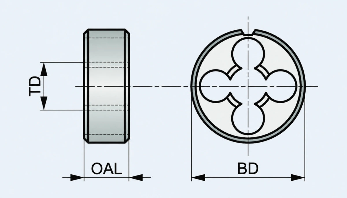 Desenho técnico do cossinete Dormer F100: diâmetro da rosca, diâmetro externo e espessura