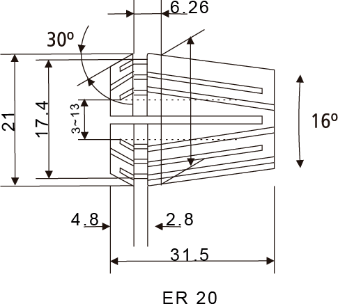 Desenho técnico da pinça ER20